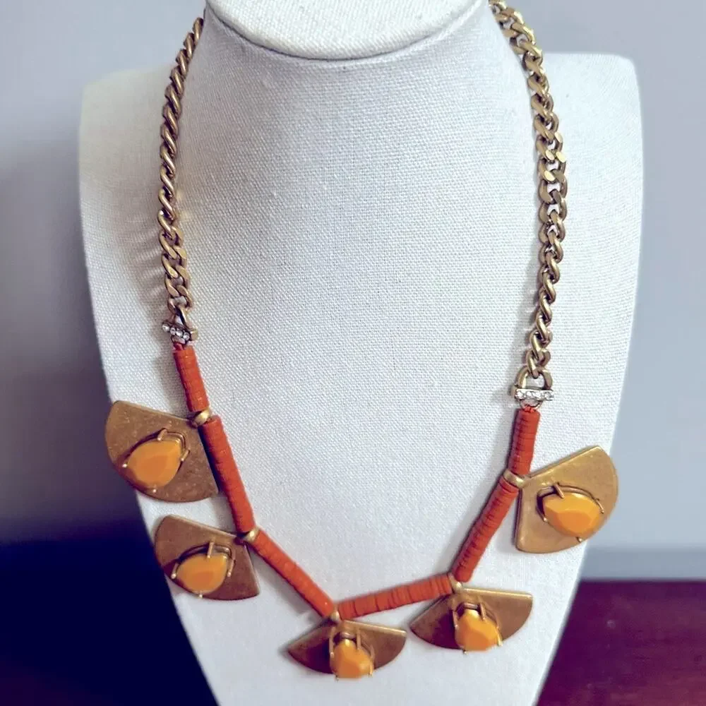 J Crew Necklace Brass Fan Brown Yellow Retro Vintage Statement Casual Western